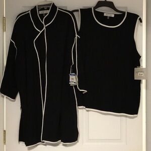 Kasper Black and White Trim Two-Piece Sweater Ensemble jacket 32” tank 25” NWT
